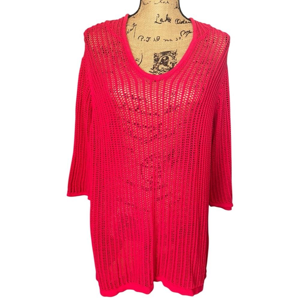 Sunday Women’s Red Hooded 3/4 Sleeve Open Knit Crochet Swim Coverup